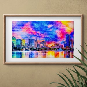 Skyline of downtown Orlando, Florida, seen at sunset from lake Eola, in ink and watercolor wall art print poster image 1