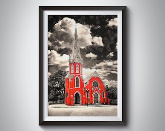 Gothic revival former church in Jacksonville, Florida, isolated on black and white - wall art print poster