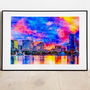 Skyline of downtown Orlando, Florida, seen at sunset from lake Eola, in ink and watercolor wall art print poster image 2