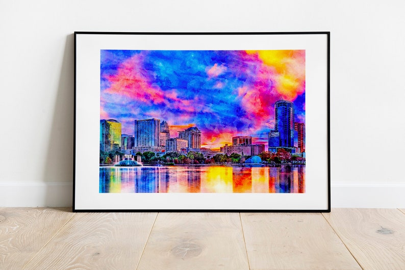 Skyline of downtown Orlando, Florida, seen at sunset from lake Eola, in ink and watercolor wall art print poster image 2