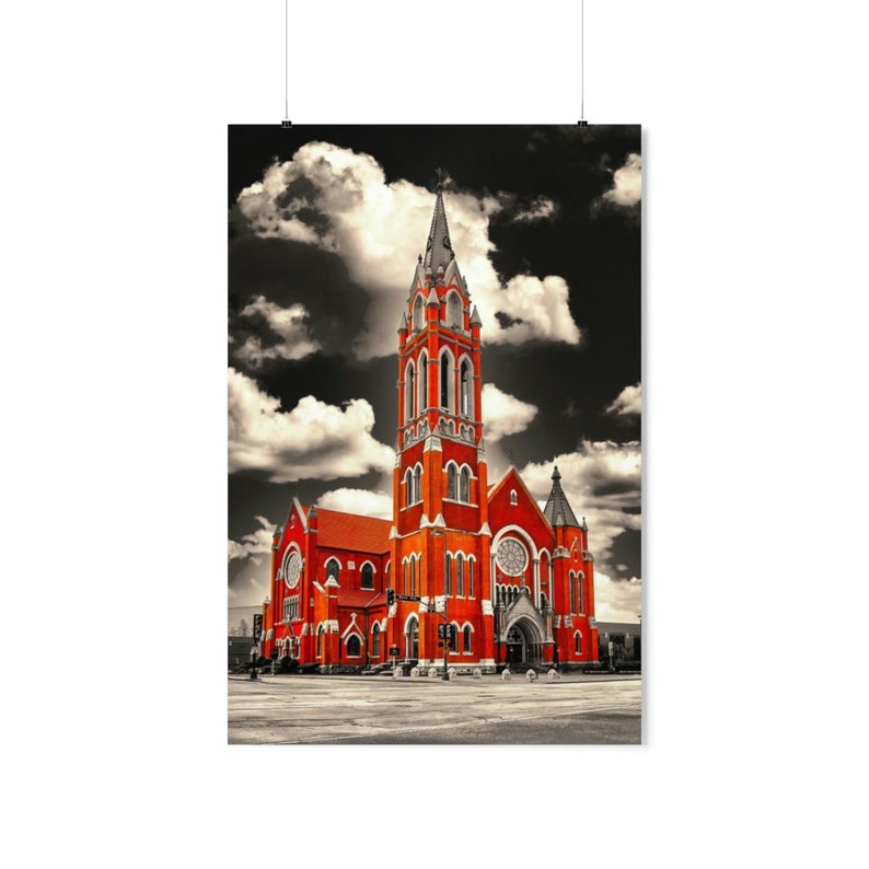 The Cathedral Shrine of the Virgin of Guadalupe in Dallas, Texas, isolated on black and white catholic church wall art print poster image 2