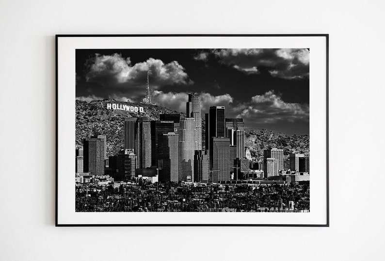 Downtown Los Angeles skyline with the Hollywood sign in the background in black and white wall art print poster image 1