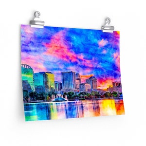Skyline of downtown Orlando, Florida, seen at sunset from lake Eola, in ink and watercolor wall art print poster image 3
