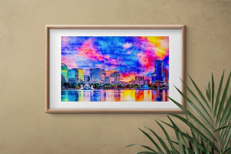 Skyline of downtown Orlando, Florida, seen at sunset from lake Eola, in ink and watercolor wall art print poster image 1