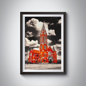 The Cathedral Shrine of the Virgin of Guadalupe in Dallas, Texas, isolated on black and white - catholic church wall art print poster