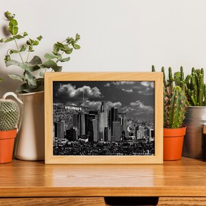 Downtown Los Angeles skyline with the Hollywood sign in the background in black and white wall art print poster image 3