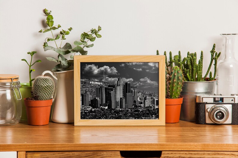 Downtown Los Angeles skyline with the Hollywood sign in the background in black and white wall art print poster image 3