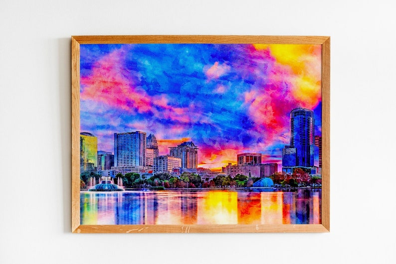 Skyline of downtown Orlando, Florida, seen at sunset from lake Eola, in ink and watercolor wall art print poster image 8