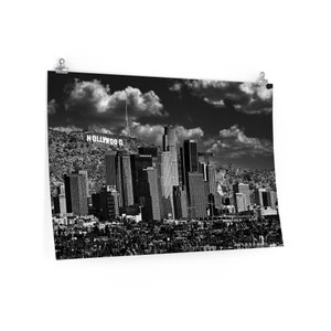 Downtown Los Angeles skyline with the Hollywood sign in the background in black and white wall art print poster image 2