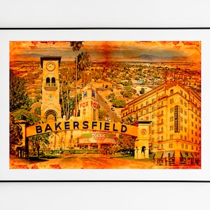 Historical buildings of Bakersfield, California, blended on old paper - wall art print poster