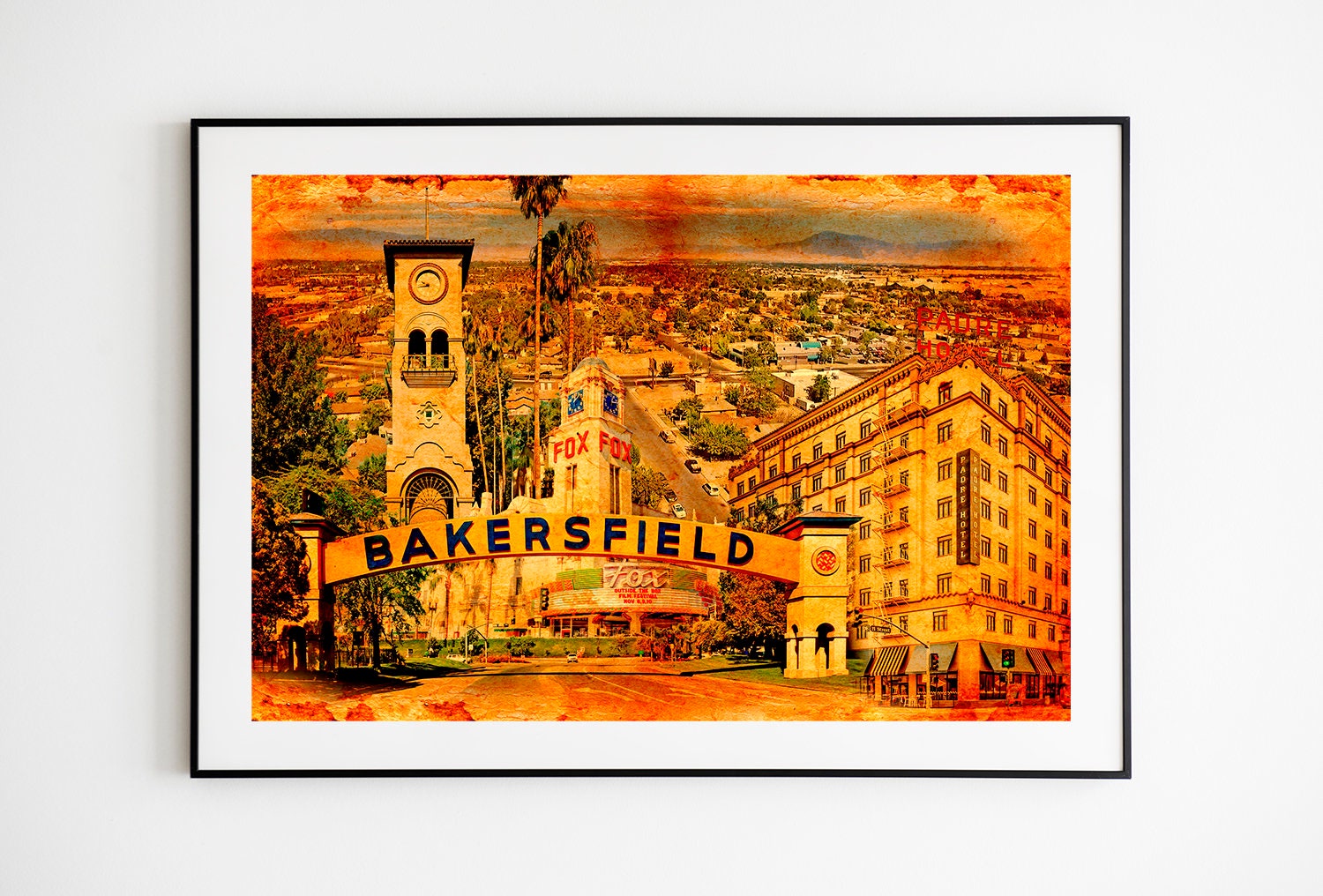 Edifici storici di Bakersfield, California, miscelati su carta vecchia - poster con stampa artistica da parete