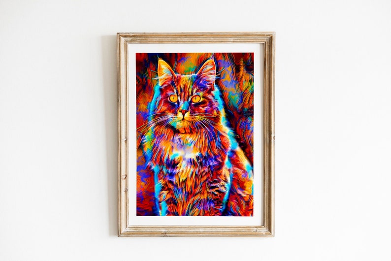Colorful Maine Coon cat painting wall art print poster image 1