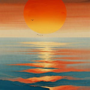 Puede incluir: Una impresión de arte mural que muestra un sol grande y naranja vibrante poniéndose sobre un océano en calma. El agua refleja los tonos cálidos naranjas y amarillos del sol, contrastando con olas de color azul profundo en el primer plano.