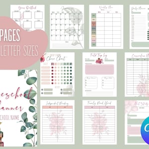 Op de afbeelding: Een printbare homeschool-planner met 26 pagina's in A4, A5 en letterformaat. De planner heeft een bloemenontwerp met een voorpagina waarop "Homeschool Planner" en "School Name" staat.