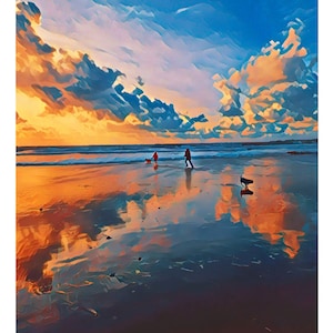 Può includere: Un dipinto che rappresenta una scena di spiaggia con due persone che passeggiano un cane sulla riva. Il cielo è di un blu vibrante con nuvole arancioni e rosa. L'acqua riflette i colori del cielo, creando un bellissimo effetto di tramonto.