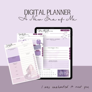 May include: A digital planner with a purple and white colour scheme. The planner includes daily, weekly, and monthly sections. The text "A New Era of Me" is written in cursive at the top of the image.