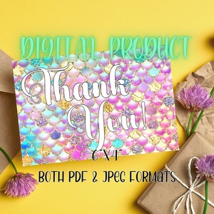 Printable Pink and Blue Mermaid Scale Thank You Card 6&quot;x4&quot;, Instant Download PDF, Instant Download JPEG
