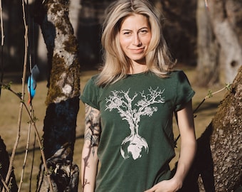 Chemise d'arbre du monde pour femmes en coton biologique / T-shirt Arbre de vie en coton biologique