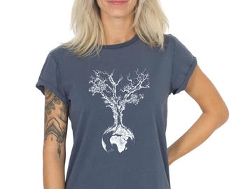 Women&#39;s shirt Weltenbaum washed blue made of organic cotton / T-Shirt Organic Cotton Tree of Life