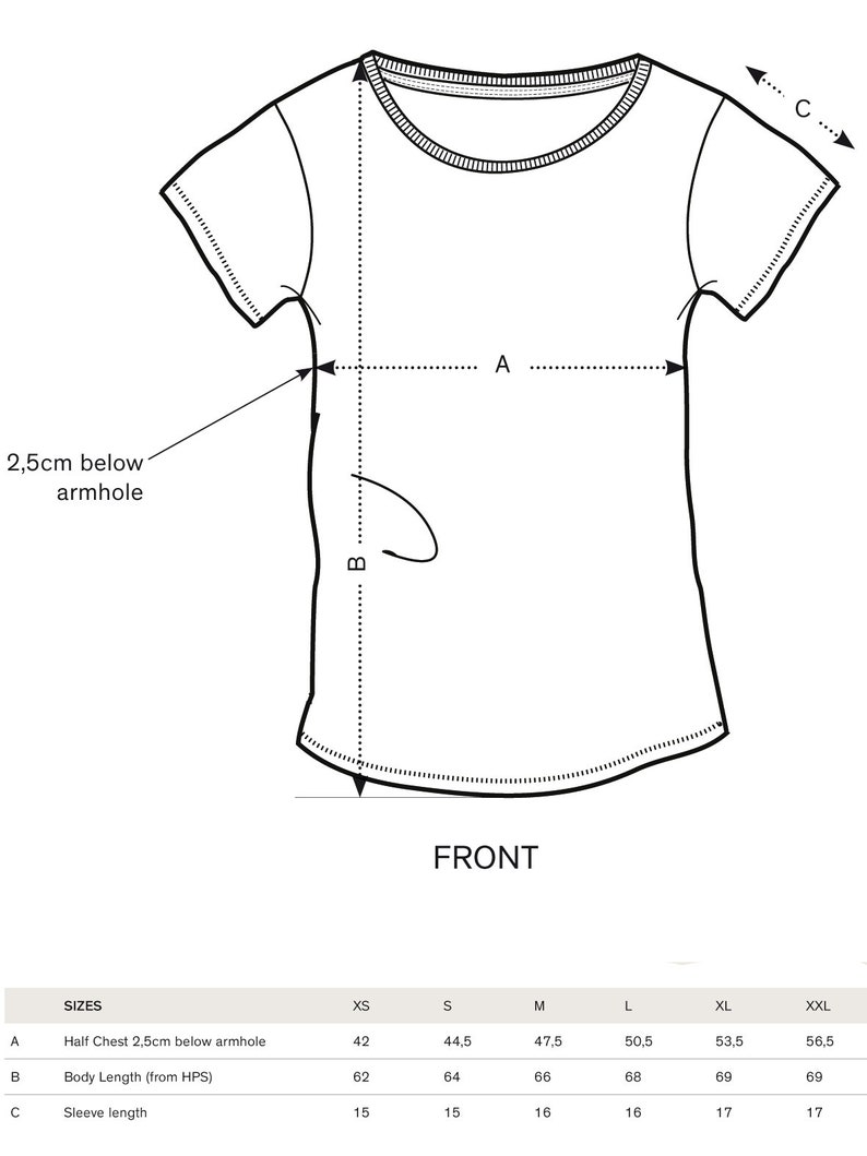 the front and back of a t - shirt with measurements