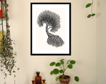 Passepartout With Frame "Growing" Fineliner Drawing Art Home Living Room