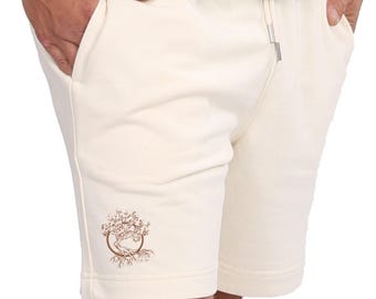 Organic cotton jogger shorts with logo - "Olive" motif, unisex, in natural white