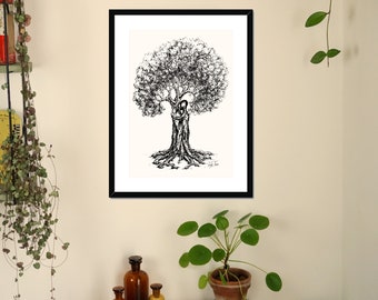 Passepartout With Frame "Treehugger" Fineliner Drawing Art Home Living Room