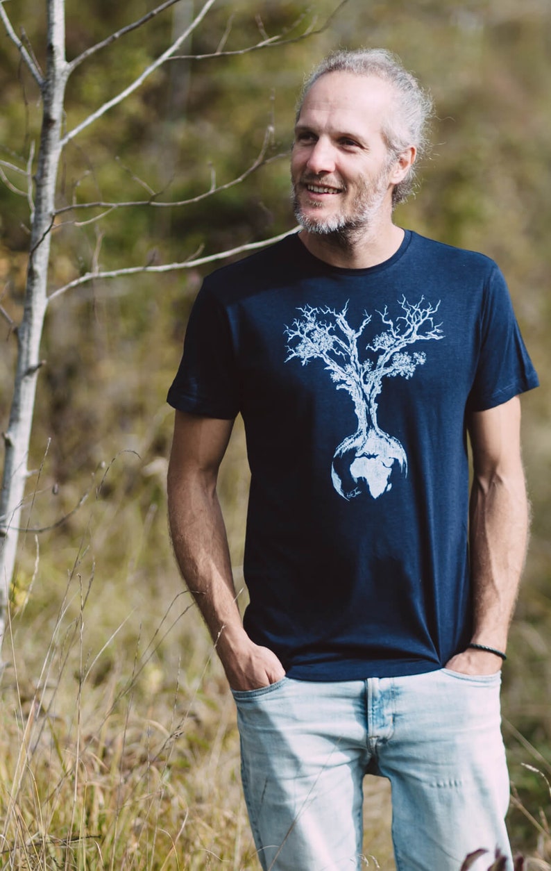 Organic men's t-shirt made of Lenzing Ecovero and organic cotton with a world tree motif for outdoor and leisure Organic cotton tshirt tree men image 1