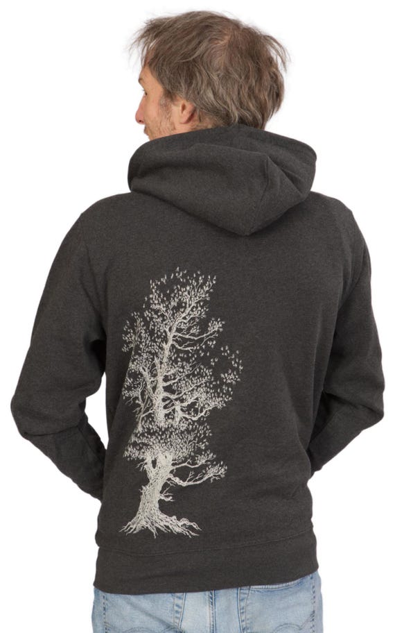 Life-Tree Zipper Hoodie: Organic Cotton Dark Heather Grey with "Pine Tree" Motif (Unisex Sizes)