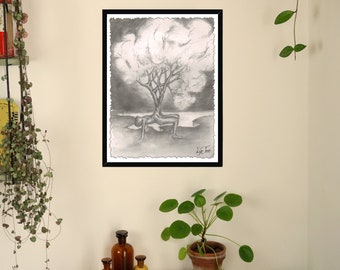 Framed Picture With Frame "LifeTree" Pencil Drawing Art Home Living Room