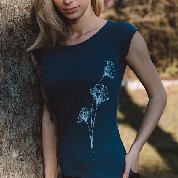 Organic T-shirt women made of bamboo and organic cotton with Ginko design for outdoor and leisure Organic Cotton Tshirt Bamboo