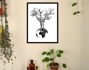 Framed Picture With Frame "World Tree" Fineliner Drawing Art Home Living Room