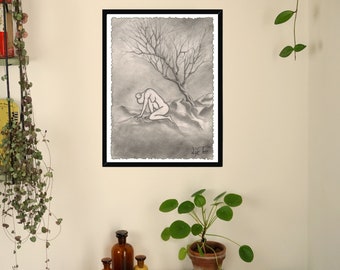 Framed Picture With Frame "Thoughts" Pencil Drawing Art Home Living Room