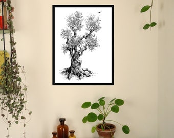 Framed Picture With Frame "Olive Tree" Fineliner Drawing Art Home Living Room