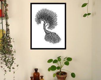 Framed Picture With Frame "Root Tree" Fineliner Drawing Art Home Living Room