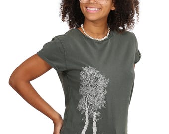 T-shirt femme Birke vert délavé en coton biologique / T-shirt coton biologique Arbre de vie Birke