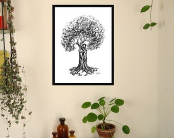 Framed Picture With Frame "Treehugger" Fineliner Drawing Art Home Living Room