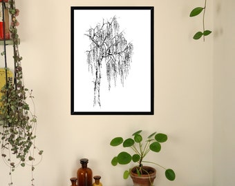 Framed Picture With Frame "Weeping Willow" Fineliner Drawing Art Home Living Room