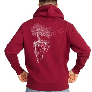 Hoodie Pullover Bio Herren und Damen aus Biobaumwolle mit Maple Island Motiv Organic Cotton Unisex hoodie tree burgund