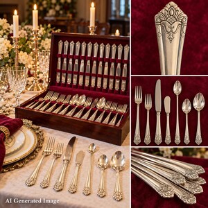 Servizio di posate in argento placcato Her Majesty per 12 persone, prodotto da Rogers Bros nel 1847 e del 1931, con cofanetto.