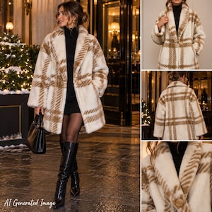 May include: A cream and tan plaid faux fur coat featuring a wide notched lapel, long sleeves, and a single large button closure at the front. The coat has a soft, textured finish and a straight hemline that falls to the mid-thigh area.