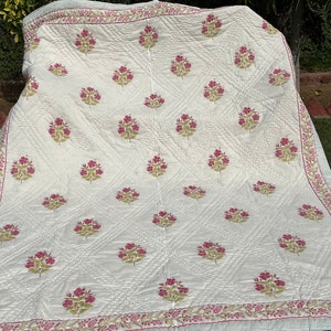 Colcha indiana, estampa de bloco manual, leve, tamanho queen, 100% algodão, feita à mão, colcha macia, edredom, estampa de flores, colcha Kantha feita por você mesmo