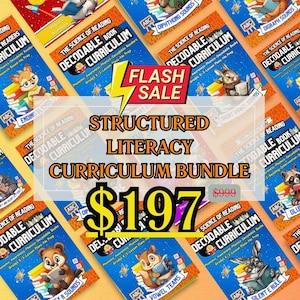 Könnte beinhalten: Ein farbenfrohes Bild, das ein strukturiertes Lese-Lehrgangs-Paket für 197 € bewirbt. Das Bild zeigt eine Vielzahl von bunten Büchern mit dem Titel "The Science of Reading" und "Decodable Curriculum". Die Bücher zeigen Illustrationen von Tieren und Buchstaben des Alphabets. Die Texte "Structured Literacy Curriculum Bundle" und "197 €" sind in großer, fetter Schrift dargestellt.
