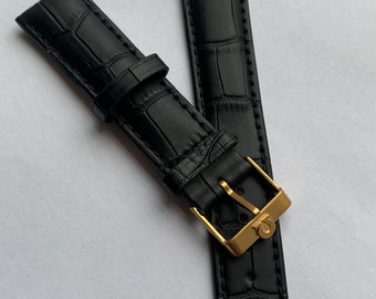 genuine omega BLACK leather gents watch strap,vintage used clean yellow gold plated buckle attached 20mm.