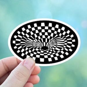 May include: Black and white checkered pattern sticker with a swirling design that creates the illusion of a tunnel.