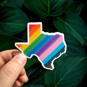 May include: A rainbow-colored vinyl sticker shaped like the state of Texas. The sticker has a white outline and is on a green leafy background.