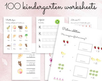 100 Page Kindergarten Workbook, Homeschool Printable Worksheets (PDF) math and letters