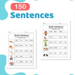 Peut inclure: Deux feuilles de travail pour construire des phrases. Les feuilles de travail ont le titre "Build a Sentence" et comprennent des illustrations et des banques de mots. Le haut de l'image contient le texte "150 Sentences" en rouge et bleu.