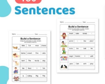以下が含まれることがあります： 文章作成用の2つのワークシート。ワークシートには「Build a Sentence」というタイトルがあり、イラストと単語バンクが含まれています。画像の上部には、赤と青で「150 Sentences」というテキストがあります。
