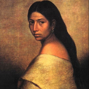 May include: A painting of a woman with long, dark hair and a serious expression. She is wearing a light-coloured garment draped over her shoulders. The background is a warm, muted brown.